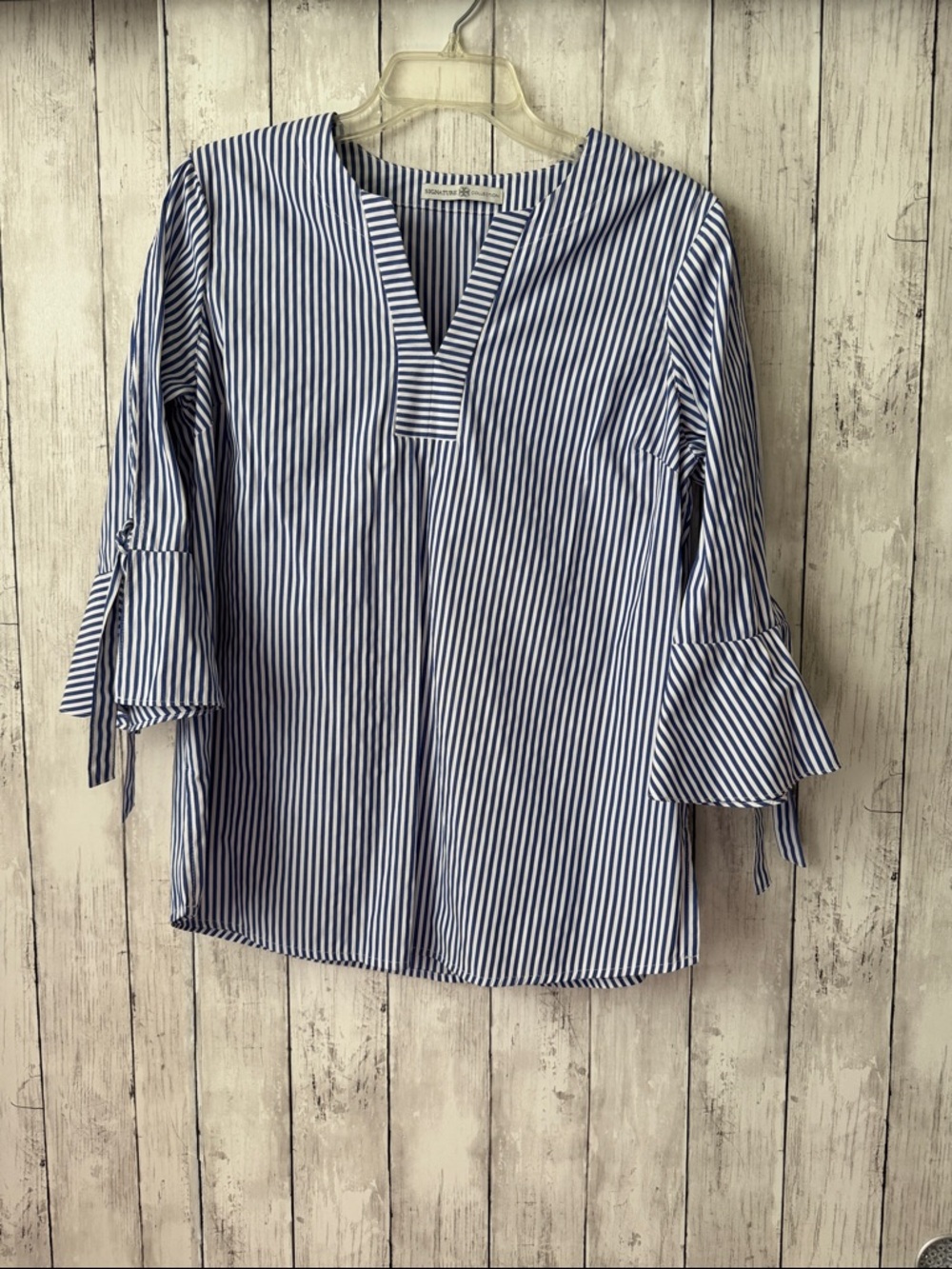 Signature Collection Striped Bell-Sleeve V-Neck Top - Blue and White